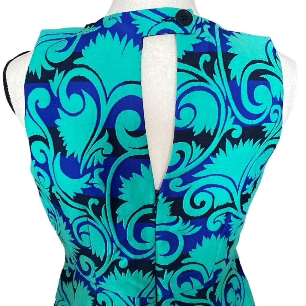 Stunning‎ Sleeveless Beaded Collar Dress Bold Blue Teal Print A-Line Women 4 - Picture 7 of 15
